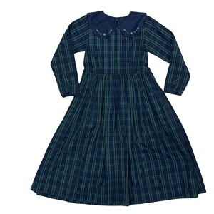 Strasburg Girls Green Navy Plaid Embroidered Peter Pan Collar Dress 10